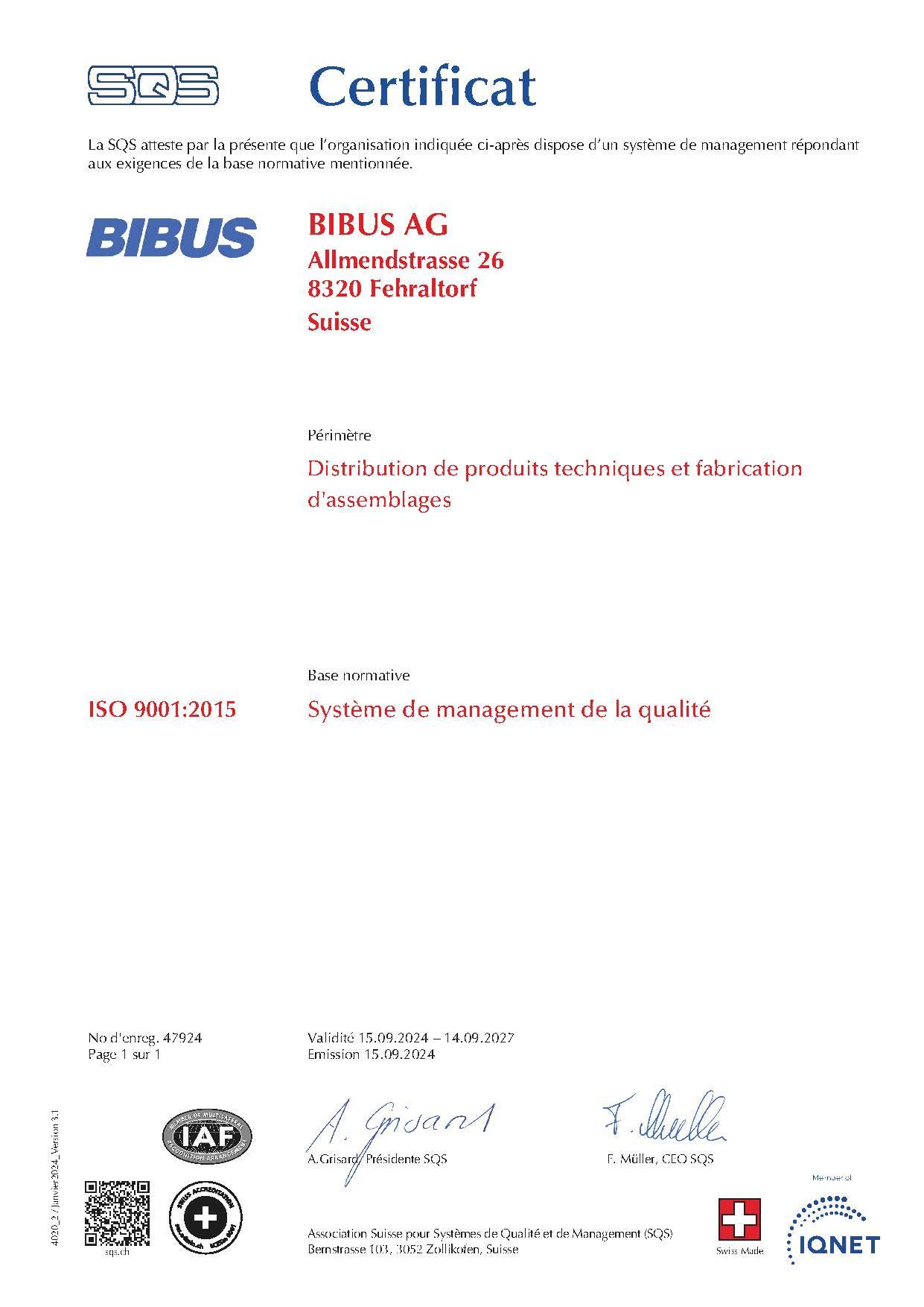 BIBUS AG Assurance qualité SQS 15092024 FR
