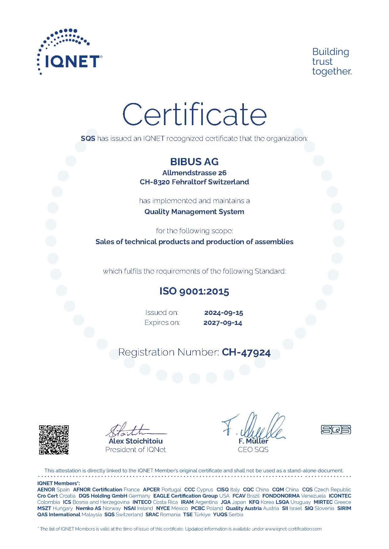 BIBUS AG Qualitätssicherung IQNet EN 15092024